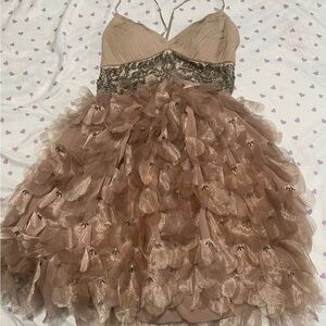 Sue Wong Tan Dress with Delicate Lace Details